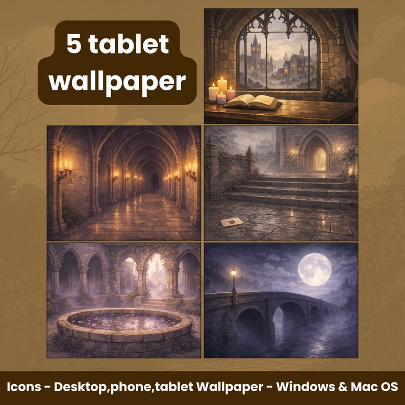 Pode incluir: Uma cole&ccedil;&atilde;o de cinco pap&eacute;is de parede para tablets com cenas g&oacute;ticas. As imagens incluem uma janela de castelo, um longo corredor e uma ponte iluminada pela lua. O texto "5 tablet wallpaper" &eacute; exibido no topo.