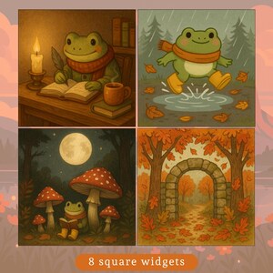 May include: Four square widgets featuring whimsical illustrations of a frog in various autumnal scenes. One shows a frog writing, another playing in the rain, and two others with mushrooms and an archway. The text "8 square widgets" is at the bottom.