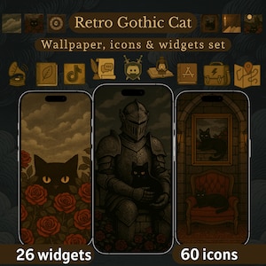Icone di Dark Academia e sfondo Cat - widget e icone per app Tablet - Pacchetto icone Android e iOS per temi telefonici Sfondo gotico per telefono