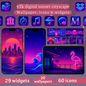 May include: Digital art showcasing a y2k sunset cityscape theme. The image features phone and tablet mockups with wallpapers, icons, and widgets. The color palette includes vibrant pinks, purples, and blues. The text on the image reads: "y2k digital sunset cityscape Wallpaper, icons & widgets".