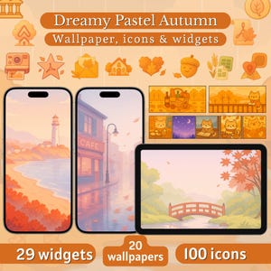 Pode incluir: Arte digital com o tema "Dreamy Pastel Autumn". A imagem apresenta telas de telefone e tablet exibindo papéis de parede, ícones e widgets. A cena inclui um farol, um café e uma ponte. O texto indica 29 widgets, 20 papéis de parede e 100 ícones.