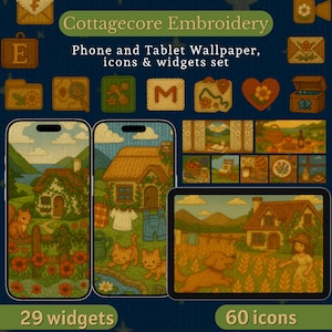 Fondos de pantalla y paquete de iconos de aplicaciones para teléfono con bordado Cottagecore, conjunto de widgets / Lindo paquete de iconos para Android e iOS, tema para teléfono, pantalla de inicio acogedora