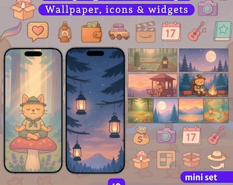 Handy-Design „Campingkatze“: Kawaii-App-Icons, Hintergrundbilder & Widgets (Digitaler Download)