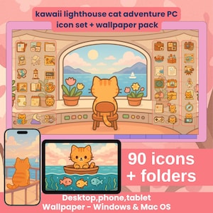 Kawaii Lighthouse Cat Desktop Icons & Wallpaper Pack | Cute PC Folder Icons, Macbook Theme Set, Aesthetic Desktop Organizer