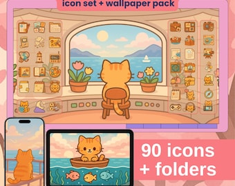 Kawaii Cat Desktop Wallpaper & Icons: Lighthouse Theme (Digital Download)