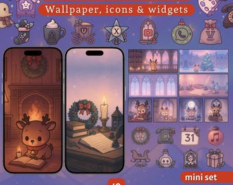 May include: A digital art mini set featuring a Dark Academia Christmas Deer theme. The set includes 16 widgets, 10 wallpapers, and 60 icons. The color palette includes shades of brown, beige, and red, with illustrations of deer, books, and Christmas elements.