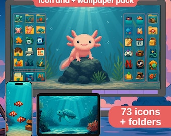 May include: A digital desktop organizer with a Y2K retro aquarium theme. The image shows a computer monitor, a smartphone, and a tablet, all displaying the same aquatic wallpaper. The wallpaper features an axolotl, a turtle, and various icons. The text reads "Y2k Retro Aquarium desktop organiser, icon and + wallpaper pack."