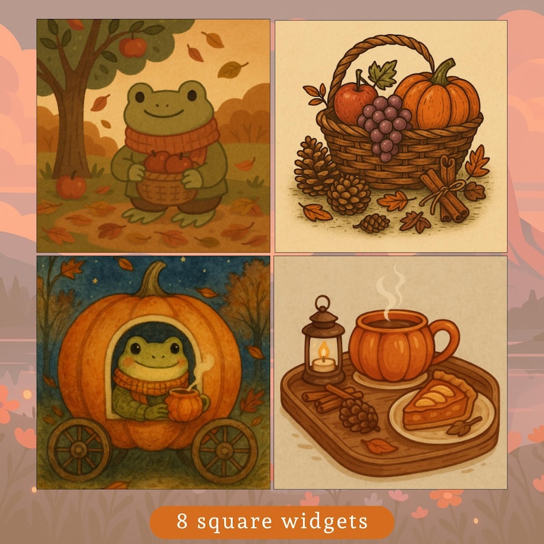 May include: Four square widgets with autumn-themed illustrations. One shows a frog with apples, another a basket of produce, a third a frog in a pumpkin carriage, and the last a mug of coffee and pie. The text "8 square widgets" is at the bottom.