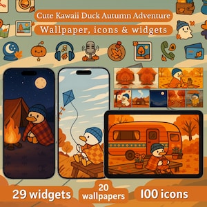 May include: Digital art featuring a cute duck in a blue hat and plaid blanket, set against autumn scenes. The image includes phone and tablet screens displaying wallpapers, icons, and widgets. Text reads "Cute Kawaii Duck Autumn Adventure" and "29 widgets, 20 wallpapers, 100 icons."