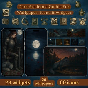 May include: Digital art featuring a dark academia theme with a gothic fox motif. The image showcases phone and tablet wallpapers, icons, and widgets. The color palette includes dark blues, grays, and reds. The image includes the text "Dark Academia Gothic Fox Wallpaper, icons & widgets", "29 widgets", "20 wallpapers", and "60 icons".