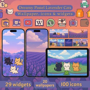 Tema de teléfono con tema de gato kawaii, fondos de pantalla y widgets de gatos lindos / Tema Android - iOS / Iconos de aplicaciones pastel, paquete estético para la pantalla de inicio