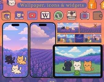 Kawaii Lavendelkatze App-Icons, Hintergrundbilder & Widgets (Digitaler Download)