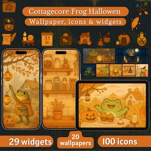 コテージコア・フロッグの秋のアプリアイコンとiPhone壁紙 | iOS - Androidアイコンパック、ハロウィンアプリアイコン、スマホウィジェット - 壁紙セット