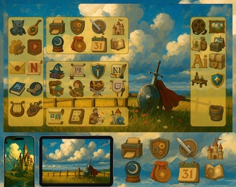 Organizador de mesa medieval: ícones e papéis de parede de fantasia (download digital)
