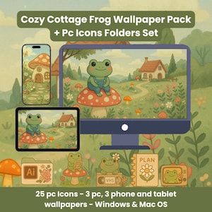Puede incluir: Una ilustración digital de una rana sentada en un hongo en un campo verde con una cabaña en el fondo. La imagen es parte de un conjunto de 25 iconos de computadora, 3 fondos de pantalla de teléfono y 3 fondos de pantalla de tableta. El texto "Cozy Cottage Frog Wallpaper Pack + Pc Icons Folders Set" está en la parte superior de la imagen.