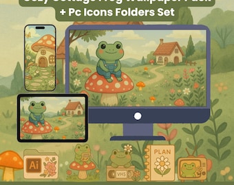 Cottagecore Frog Wallpaper & Desktop Icons (Digital Download)