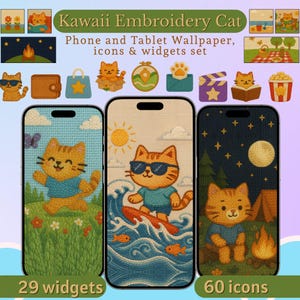 Kawaii Embroidery Cat Wallpapers - App Icons | Cute Android - iOS Theme | Aesthetic Widget Pack | iPhone Wallpaper - Phone icon Set