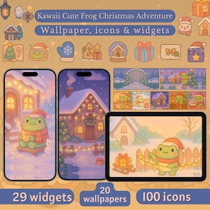 May include: A digital art set featuring a Kawaii frog in a Christmas theme. The set includes wallpapers, icons, and widgets for mobile devices. The frog is depicted in a Santa hat and scarf, with winter scenes and festive elements. The text reads "Kawaii Cute Frog Christmas Adventure".