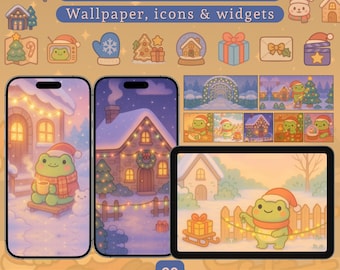 May include: A digital art set featuring a Kawaii frog in a Christmas theme. The set includes wallpapers, icons, and widgets for mobile devices. The frog is depicted in a Santa hat and scarf, with winter scenes and festive elements. The text reads "Kawaii Cute Frog Christmas Adventure".