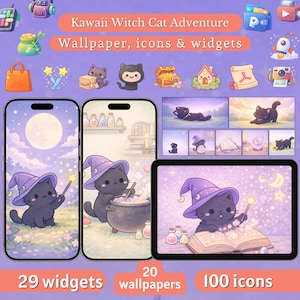 Puede incluir: Ilustración digital con el tema Kawaii Witch Cat Adventure. La imagen muestra pantallas de teléfono y tableta con fondos de pantalla, iconos y widgets. La obra de arte presenta un gato negro con un sombrero de bruja, sosteniendo una varita y interactuando con un caldero y un libro de hechizos.