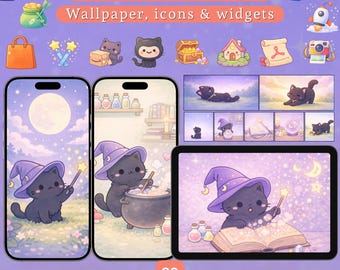 Kawaii Hexenkatzen-Handy-Design: App-Symbole, Widgets, Hintergrundbilder (Digitaler Download)