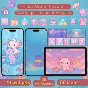 Kawaii Axolotl App Icons iOS Theme | Pastel Widget & Wallpaper Pack | Cute Phone Aesthetic Android iPhone