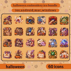 May include: A digital collection of 60 Halloween-themed icons featuring ghosts, pumpkins, and autumn foliage. The set includes stylized graphics for various apps and tools, labeled as halloween embroidery ico bundle for ios, android, mac, windows.