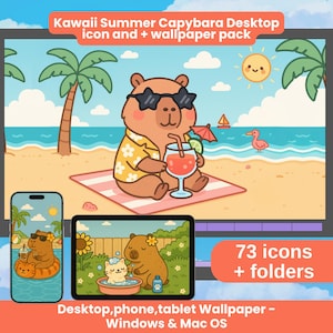 Conjunto de fondos de pantalla y iconos de escritorio Kawaii - Iconos de Macbook - / Paquete de fondos de pantalla para teléfono, tableta, escritorio e iconos de PC de verano de capibara