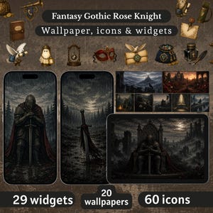 Op de afbeelding: Een digitaal pakket getiteld Fantasy Gothic Rose Knight Wallpaper, icons & widgets. Het bevat 20 achtergronden, 60 iconen en 29 widgets met donkere, sfeervolle illustraties van ridders, zwaarden, ruïnes en gotische elementen in grijs en rood.