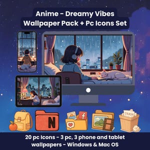 Anime Aesthetic Desktop Icon and Desktop Wallpaper Pack | Cozy Desktop + Phone Tablet Backgrounds | Kawaii PC Folder Icons for Windows - Mac