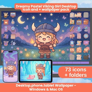 Pastel Viking Girl-bureaubladpictogrampakket: kawaii-computerthema (digitale download)