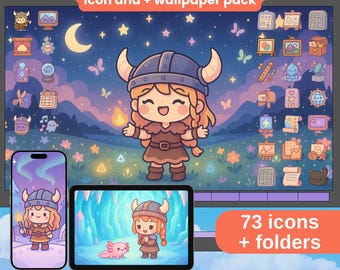 Pastel Vikingmeisje bureaubladthema: Kawaii pictogrammen en achtergronden (digitale download)