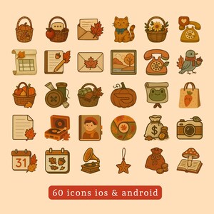 May include: A collection of 60 autumn-themed icons in a vintage style. The icons include a cat, baskets, leaves, a pumpkin, a telephone, a calendar, a record player, and a camera. The text at the bottom reads "60 icons ios & android."