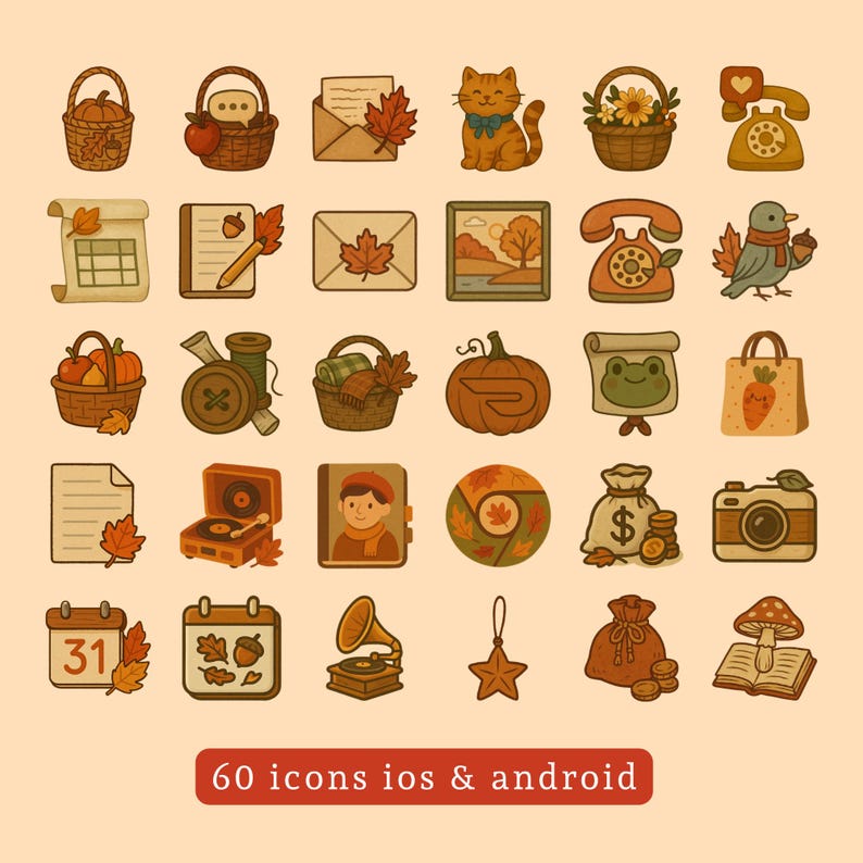 May include: A collection of 60 autumn-themed icons in a vintage style. The icons include a cat, baskets, leaves, a pumpkin, a telephone, a calendar, a record player, and a camera. The text at the bottom reads "60 icons ios & android."