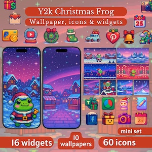 May include: A digital art set featuring a Y2k Christmas Frog theme. The image showcases 10 wallpapers, 60 icons, and 16 widgets. The design includes a frog in a Santa hat, Christmas-themed icons, and a pixelated winter village scene.