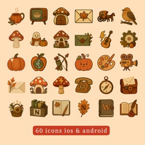 May include: A collection of 60 fall-themed icons in a warm, vintage style. The illustrations include a teacup, mushroom houses, pumpkins, a guitar, a compass, and a book. The text at the bottom reads "60 icons ios & android."