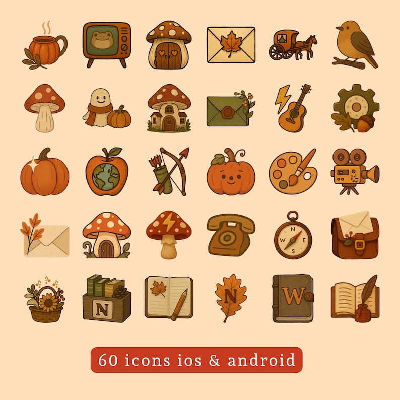 May include: A collection of 60 fall-themed icons in a warm, vintage style. The illustrations include a teacup, mushroom houses, pumpkins, a guitar, a compass, and a book. The text at the bottom reads "60 icons ios & android."