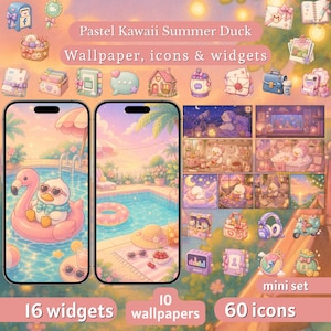 May include: A digital art set featuring a pastel summer theme with a duck. The set includes 10 wallpapers, 60 icons, and 16 widgets. The image shows two phones with summer scenes, a duck on a flamingo float, and various icons.