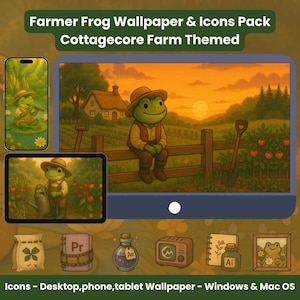 Farmer Frog Icon Pack - Phone Wallpaper Set and Desktop Icons Kawaii Cottagecore Aesthetic | Windows - Mac