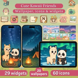 Kawaii icons Alpaca and Panda App icon Pack– Aesthetic Phone Tablet Wallpaper, Widgets - app icons Cozy Animal Theme for iPhone - Tablet
