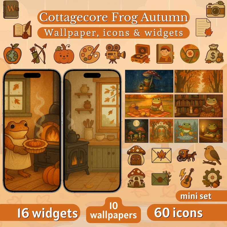 May include: A digital art mini set featuring a cottagecore frog autumn theme. The set includes 16 widgets, 10 wallpapers, and 60 icons. The color palette is warm, with orange and brown tones. The image includes a frog, pumpkins, and autumn leaves.