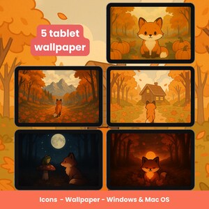 May include: A collection of five tablet wallpapers featuring cartoon foxes in autumn scenes. The wallpapers include images of foxes in forests, near pumpkins, and under the moonlight. The text on the image reads "5 tablet wallpaper" and "Icons - Wallpaper - Windows & Mac OS."