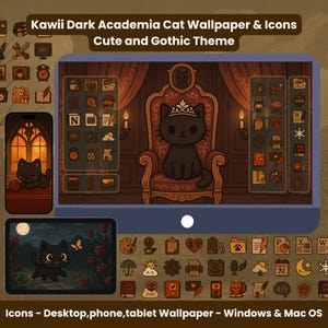 Kawaii Dark Academia-bureaubladpictogrammen: gotisch thema, achtergronden (digitale download)