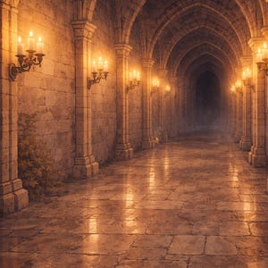 Pode incluir: Um longo corredor abobadado com paredes e piso de pedra, iluminado por arandelas com velas acesas. A luz quente reflete no ch&atilde;o, conduzindo a um final escuro e nebuloso. Ambiente g&oacute;tico.