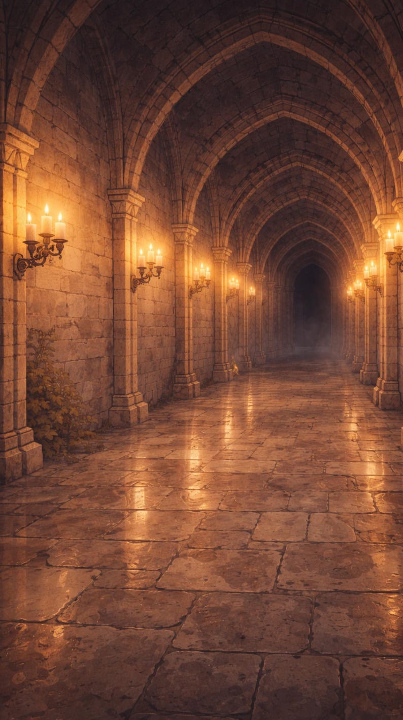 Pode incluir: Um longo corredor abobadado com paredes e piso de pedra, iluminado por arandelas com velas acesas. A luz quente reflete no ch&atilde;o, conduzindo a um final escuro e nebuloso. Ambiente g&oacute;tico.