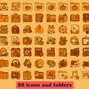 May include: A collection of 88 autumn-themed icons and folders in shades of brown and orange. The icons depict various objects, including pumpkins, leaves, and computer-related symbols. The text "88 icons and folders" is at the bottom.