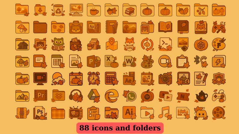 May include: A collection of 88 autumn-themed icons and folders in shades of brown and orange. The icons depict various objects, including pumpkins, leaves, and computer-related symbols. The text "88 icons and folders" is at the bottom.