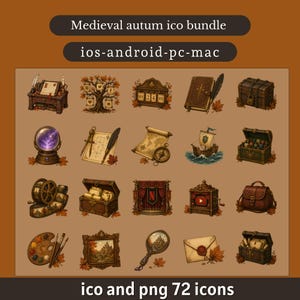 May include: A digital collection of icons titled Medieval autum ico bundle ios-android-pc-mac and ico and png 72 icons. The set features twenty illustrations including a desk, tree, calendar, book, chest, crystal ball, map, ship, and satchel.