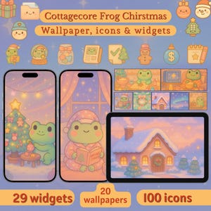 Könnte beinhalten: Eine digitale Kunstsammlung mit einem Cottagecore-Weihnachtsthema mit einem Froschcharakter. Das Bild enthält Handy- und Tablet-Hintergründe, Symbole und Widgets. Der Text lautet "Cottagecore Frog Chirstmas Wallpaper, icons & widgets", mit 29 Widgets, 20 Hintergrundbildern und 100 Symbolen.