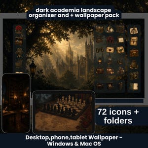 Op de afbeelding: Een digitaal organisator- en achtergrondpakket met een donker gotisch kasteellandschap. Bevat 72 iconen en mappen met vintage motieven zoals kisten, lantaarns en camera's. Tekst: dark academia landscape organiser and + wallpaper pack.